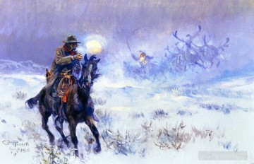 Artworks in 150 Subjects Painting - Cowboy seeing santa claus sitting sled reindeer 1910 Charles Marion Russell